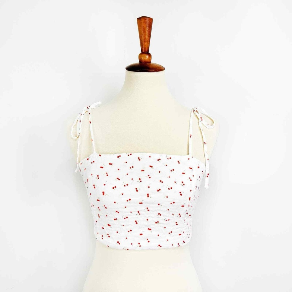 Medium Kylie + Kendall White Smocked Crop Top with Cherry Print and Tie Straps.